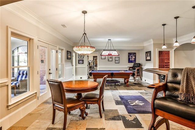 620 Elizabeth Oak Ct, Alpharetta, GA 30004 - dining space with pool table, crown molding, and wainscoting