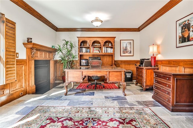 620 Elizabeth Oak Ct, Alpharetta, GA 30004 - office featuring wainscoting, crown molding, a fireplace with flush hearth, stone tile floors, and wood walls
