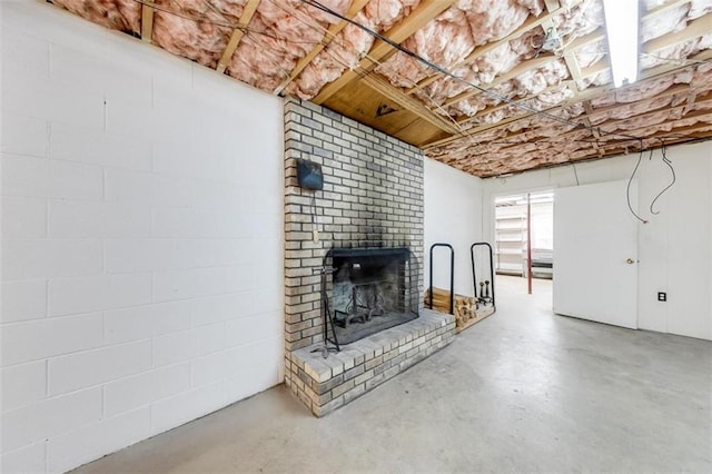 basement featuring a fireplace