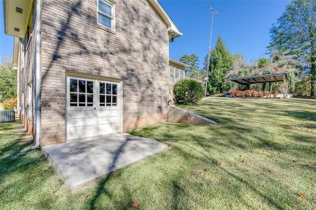 view of home's exterior with a lawn, a garage, and cooling unit