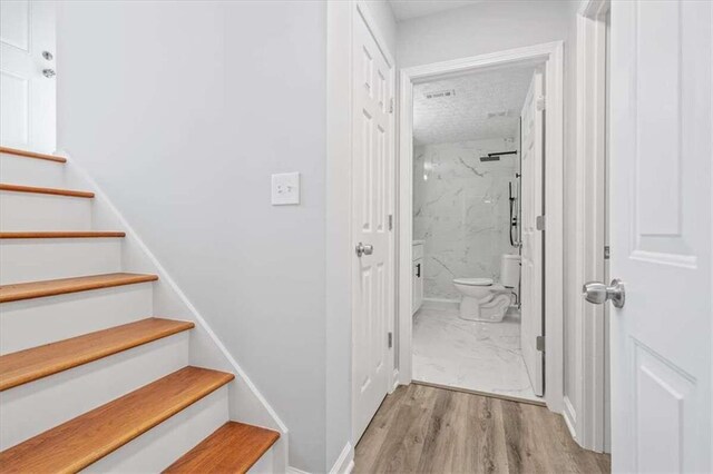 stairs with hardwood / wood-style floors