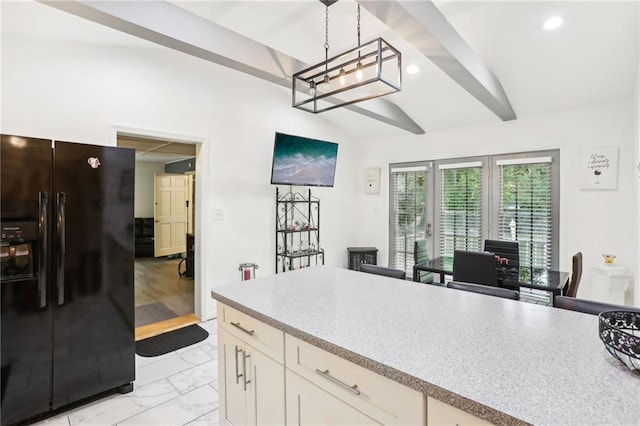 kitchen featuring vaulted ceiling with beams, recessed lighting, black fridge with ice dispenser, white cabinets, and marble finish floor