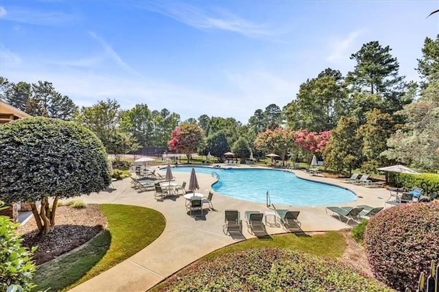 pool featuring fence and a patio area