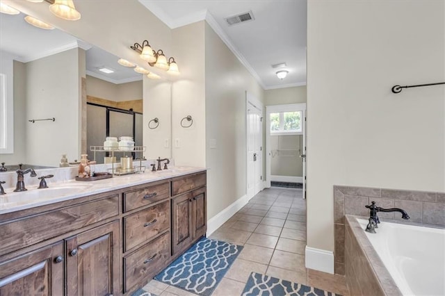 full bathroom featuring crown molding, a shower stall, tile patterned floors, visible vents, and a bath