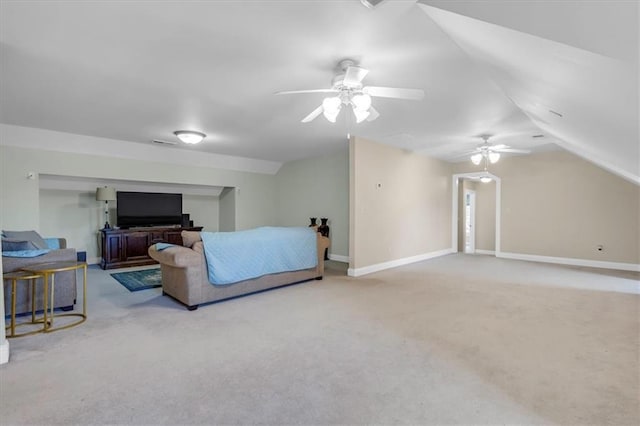 living room with baseboards, carpet flooring, lofted ceiling, and a ceiling fan