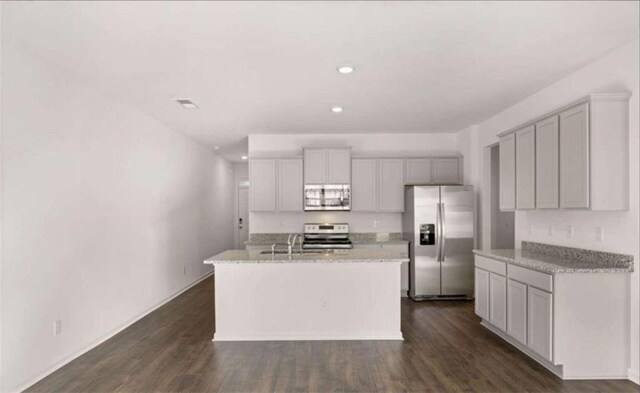 11408 Gray Branch Dr, Lawrenceville, GA 30045 - kitchen with appliances with stainless steel finishes, recessed lighting, dark wood-type flooring, a center island with sink, and light stone countertops
