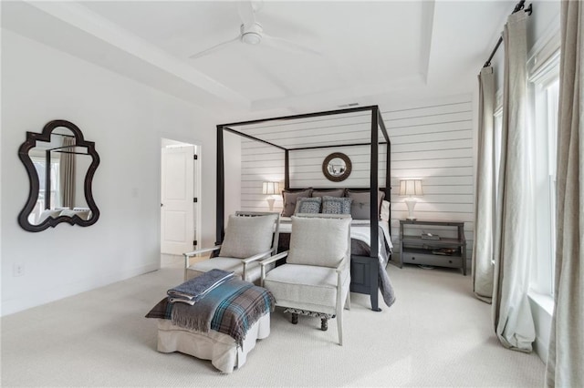 bedroom with light carpet and ceiling fan