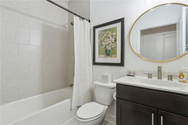 full bathroom featuring shower / bathtub combination with curtain, vanity, and toilet