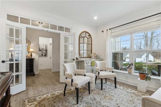 living area with french doors, plenty of natural light, and light hardwood / wood-style flooring