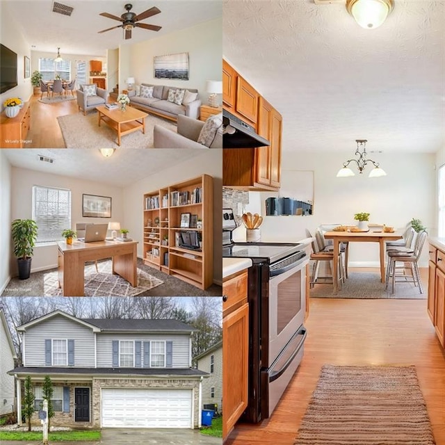 kitchen featuring electric range, a textured ceiling, decorative light fixtures, ceiling fan with notable chandelier, and light wood-type flooring