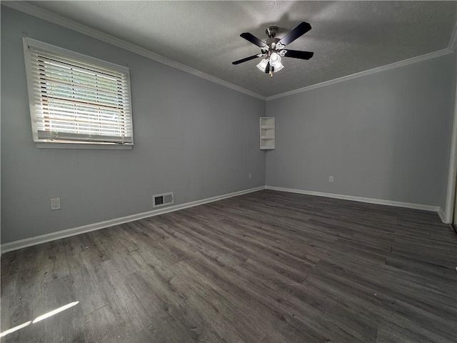 unfurnished room with a ceiling fan, a textured ceiling, visible vents, baseboards, and dark wood-style floors