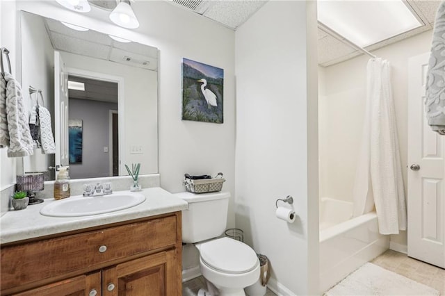 full bathroom with toilet, vanity, and shower / bath combination with curtain