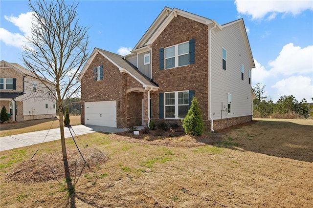 traditional-style home with driveway, brick siding, a front lawn, and an attached garage