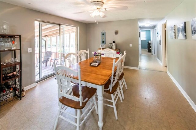 dining area with baseboards and a ceiling fan