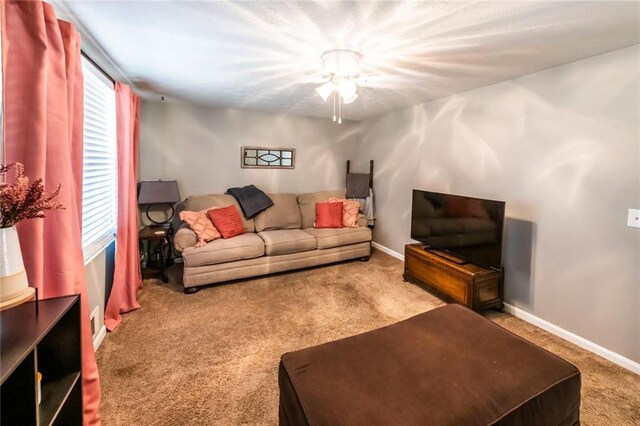 living area with carpet flooring and baseboards
