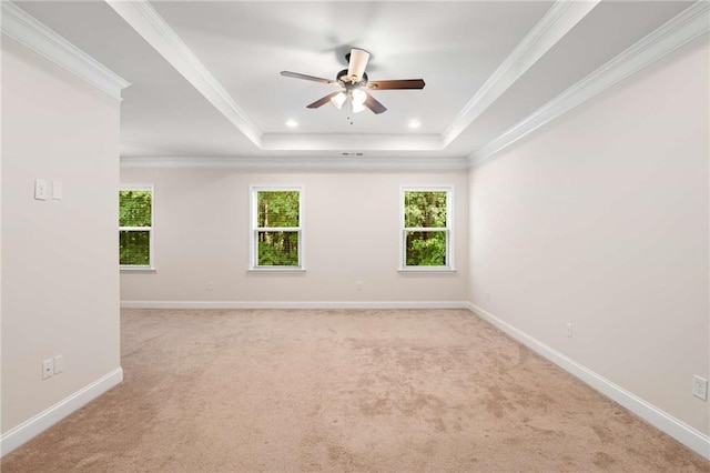 carpeted empty room featuring a raised ceiling, crown molding, and ceiling fan