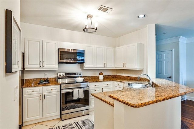 kitchen featuring kitchen peninsula, stainless steel appliances, white cabinets, and sink