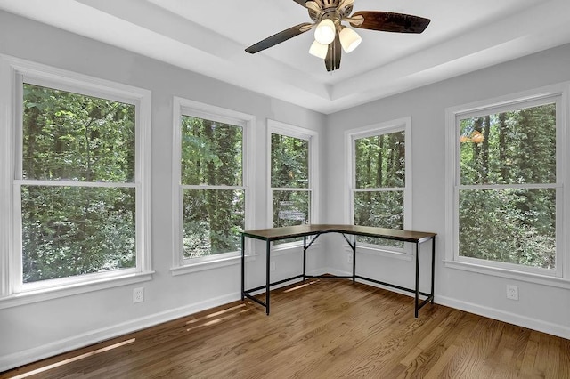 4066 Covered Bridge Rd SW, Smyrna, GA 30082 - unfurnished office featuring wood finished floors, baseboards, ceiling fan, and a raised ceiling