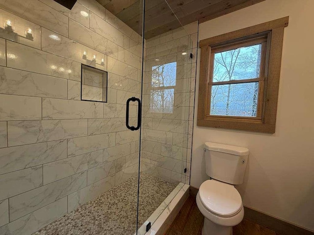 bathroom with a shower with door and toilet