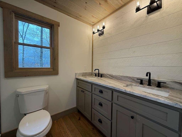 bathroom with vanity, hardwood / wood-style floors, wood ceiling, and toilet