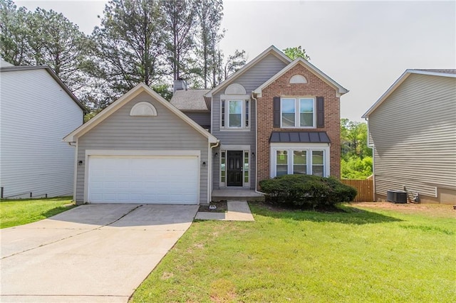 traditional-style home featuring driveway, central AC, brick siding, a garage, and a front yard