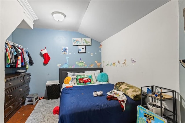 bedroom with lofted ceiling and hardwood / wood-style flooring