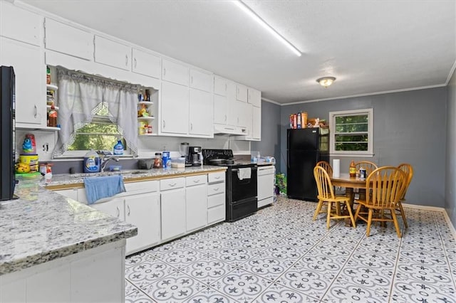 kitchen with black appliances, sink, ornamental molding, white cabinetry, and extractor fan