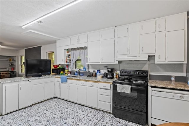 kitchen featuring white cabinets, backsplash, a textured ceiling, black / electric stove, and dishwasher