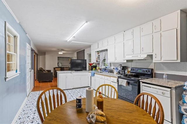 kitchen with white cabinetry, white dishwasher, tasteful backsplash, and black electric range oven