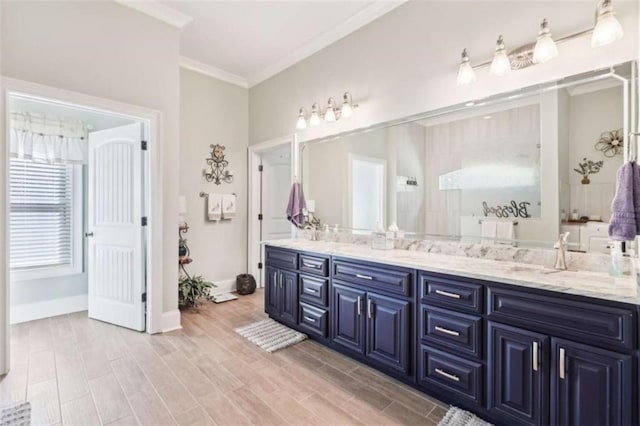 270 Morrow Rd, Newborn, GA 30056 - full bathroom featuring ornamental molding, double vanity, wood finished floors, walk in shower, and baseboards