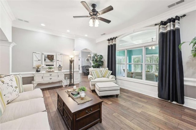 270 Morrow Rd, Newborn, GA 30056 - living area with crown molding, ceiling fan, arched walkways, hardwood / wood-style floors, and recessed lighting