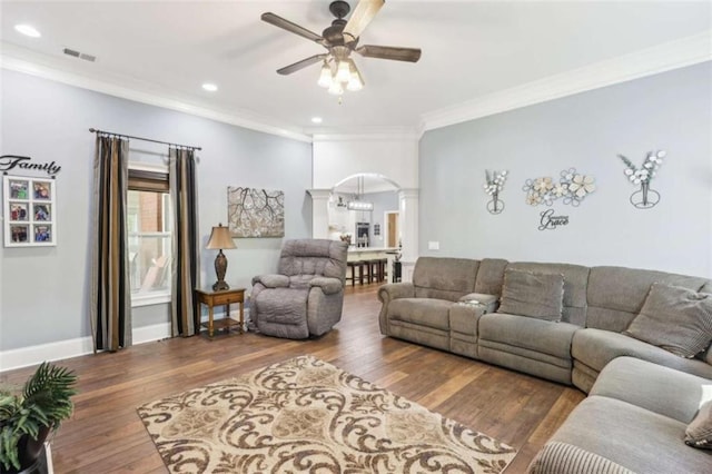 270 Morrow Rd, Newborn, GA 30056 - living area featuring arched walkways, wood finished floors, crown molding, recessed lighting, and a ceiling fan