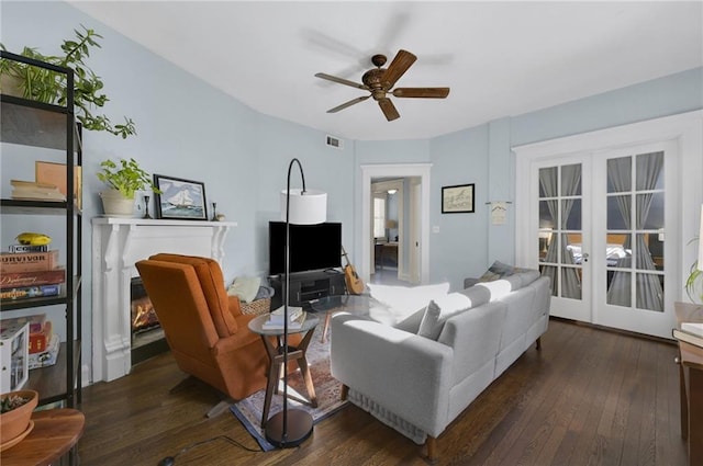 746 N Highland Ave NE Unit 7, Atlanta, GA 30306 - living room featuring ceiling fan, dark wood-style floors, and french doors