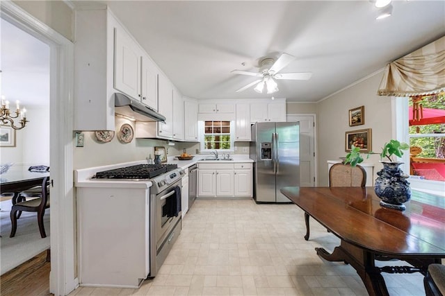 kitchen with a sink, light countertops, stainless steel appliances, white cabinetry, and under cabinet range hood