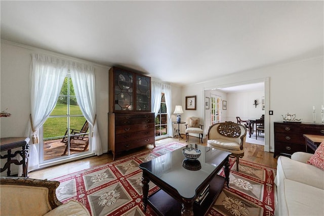 living room with crown molding, wood finished floors, and a healthy amount of sunlight