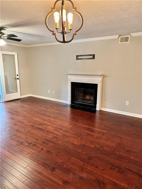 121 Brittany Ct, Duluth, GA 30096 - unfurnished living room with a chandelier, crown molding, ceiling fan, dark wood-style flooring, and a textured ceiling