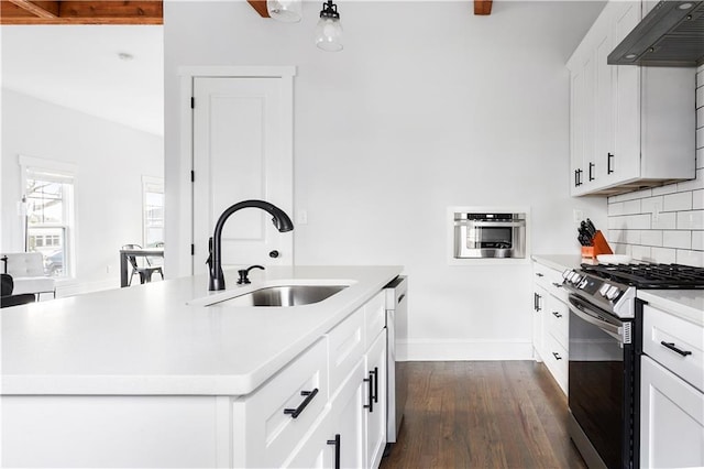 kitchen with stainless steel appliances, a sink, ventilation hood, backsplash, and dark wood-style flooring