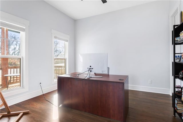 home office with healthy amount of natural light, dark wood-type flooring, baseboards, and a ceiling fan