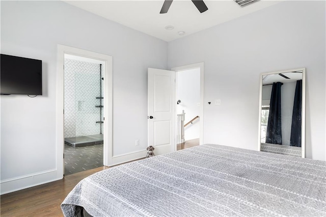 bedroom featuring wood finished floors, baseboards, and ceiling fan