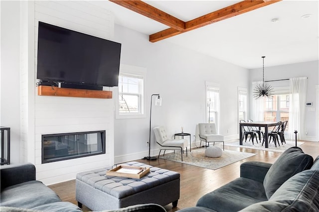 living area with plenty of natural light, wood finished floors, beam ceiling, and a fireplace