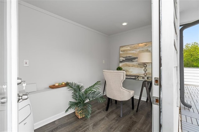 office space with wood finished floors, baseboards, ornamental molding, and recessed lighting