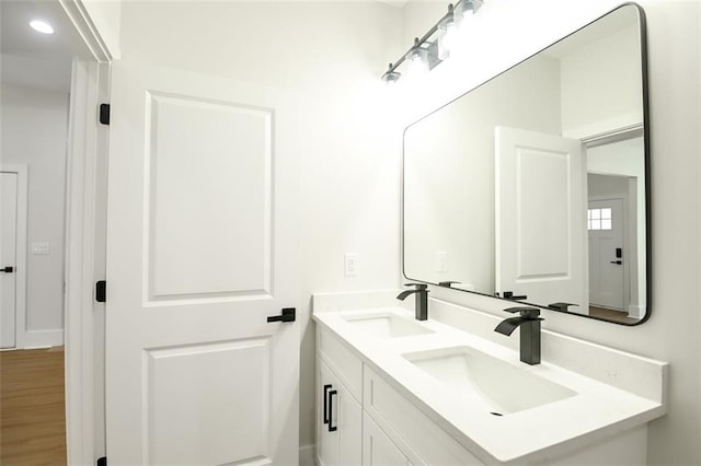 bathroom featuring wood finished floors, a sink, and double vanity