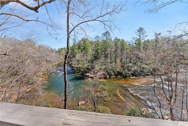 view of water feature featuring a forest view