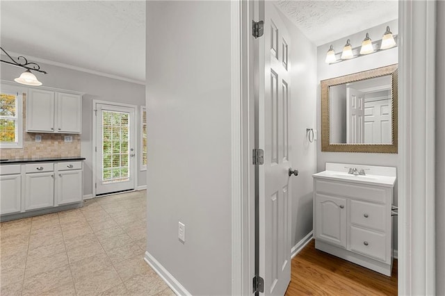 7165 Jonsway, Cumming, GA 30041 - bathroom with vanity, healthy amount of natural light, ornamental molding, decorative backsplash, and baseboards