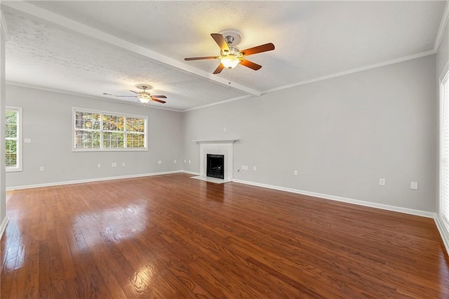7165 Jonsway, Cumming, GA 30041 - unfurnished living room with ceiling fan, wood finished floors, a fireplace with flush hearth, baseboards, and crown molding