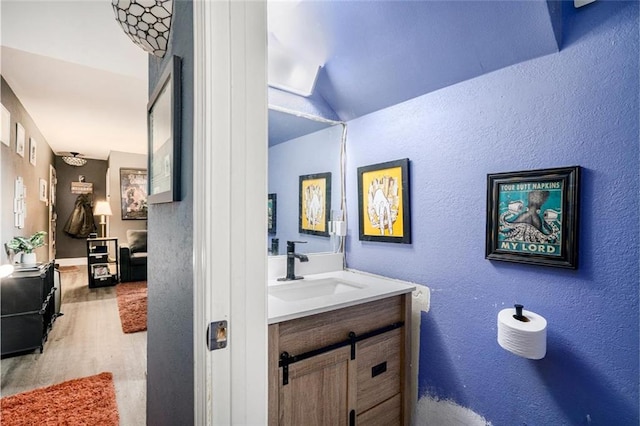 bathroom with vanity, a textured wall, and wood finished floors