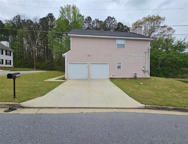 3763 Waldrop Hills Dr, Decatur, GA 30034 - view of side of home featuring a chimney, driveway, an attached garage, and a lawn