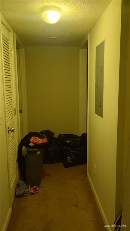 80 Place Fontaine, Lithonia, GA 30038 - corridor with electric panel, a textured ceiling, and carpet flooring