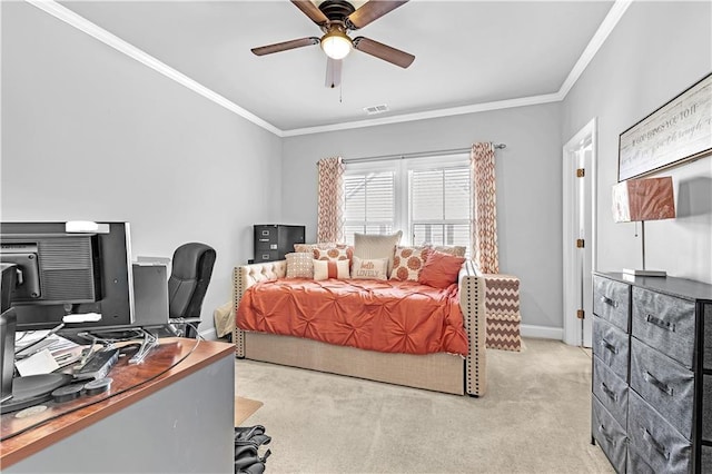 bedroom featuring light colored carpet, visible vents, crown molding, and baseboards