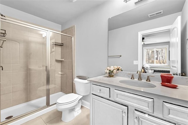 ensuite bathroom with a stall shower, visible vents, toilet, and ensuite bathroom